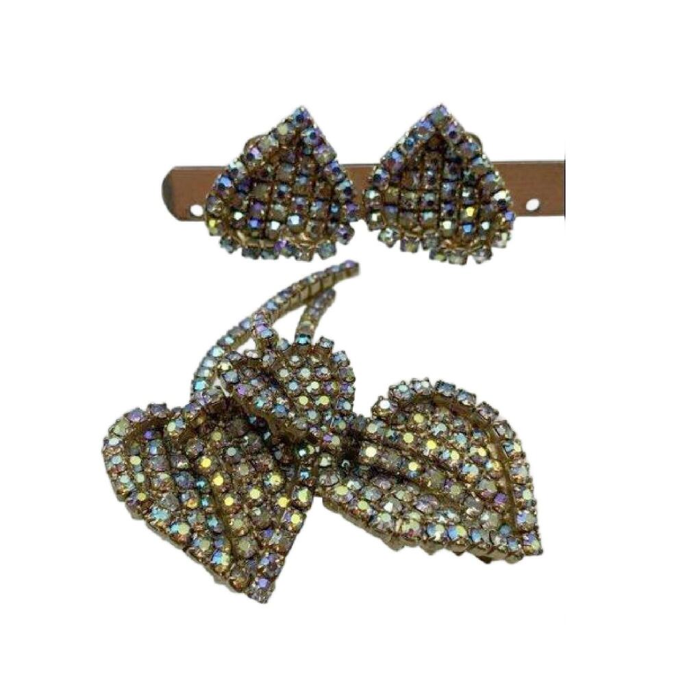 Vintage Aurora Borealis Crystal Leaf Brooch and Clip on Earring Set, Demi Parure